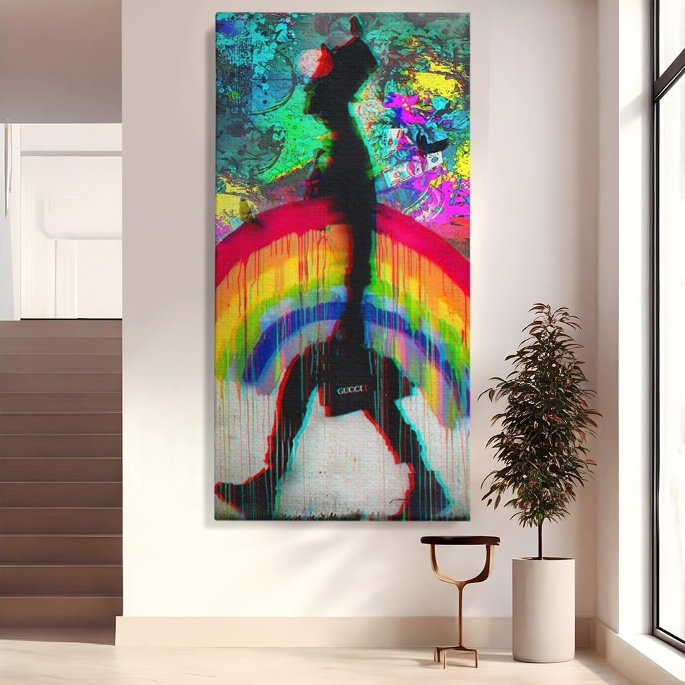 Tablou canvas cu tablou canvas cu silueta si curcubeu graffiti, fara rama, pe sasiu de lemn